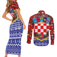 Croatia Christmas Couples Matching Short Sleeve Bodycon Dress and Long Sleeve Button Shirt with Santa Sleigh Presents and Red Checkered Crest - Wonder Print Shop