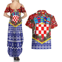 Croatia Christmas Couples Matching Summer Maxi Dress and Hawaiian Shirt with Santa Sleigh Presents and Red Checkered Crest - Wonder Print Shop