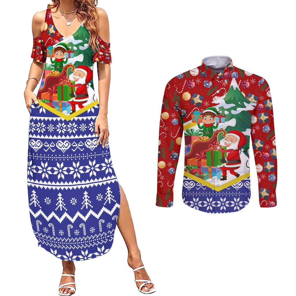 Croatia Christmas Couples Matching Summer Maxi Dress and Long Sleeve Button Shirt with Santa Sleigh Presents and Red Checkered Crest - Wonder Print Shop