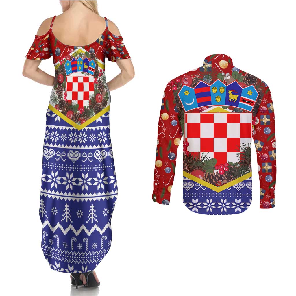 Croatia Christmas Couples Matching Summer Maxi Dress and Long Sleeve Button Shirt with Santa Sleigh Presents and Red Checkered Crest - Wonder Print Shop