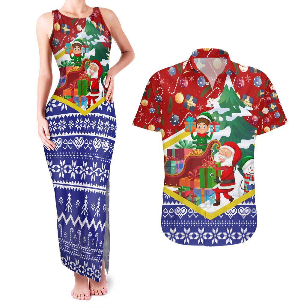 Croatia Christmas Couples Matching Tank Maxi Dress and Hawaiian Shirt with Santa Sleigh Presents and Red Checkered Crest - Wonder Print Shop