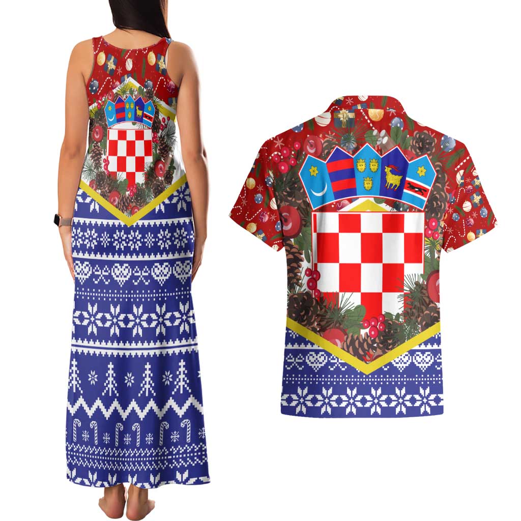 Croatia Christmas Couples Matching Tank Maxi Dress and Hawaiian Shirt with Santa Sleigh Presents and Red Checkered Crest - Wonder Print Shop