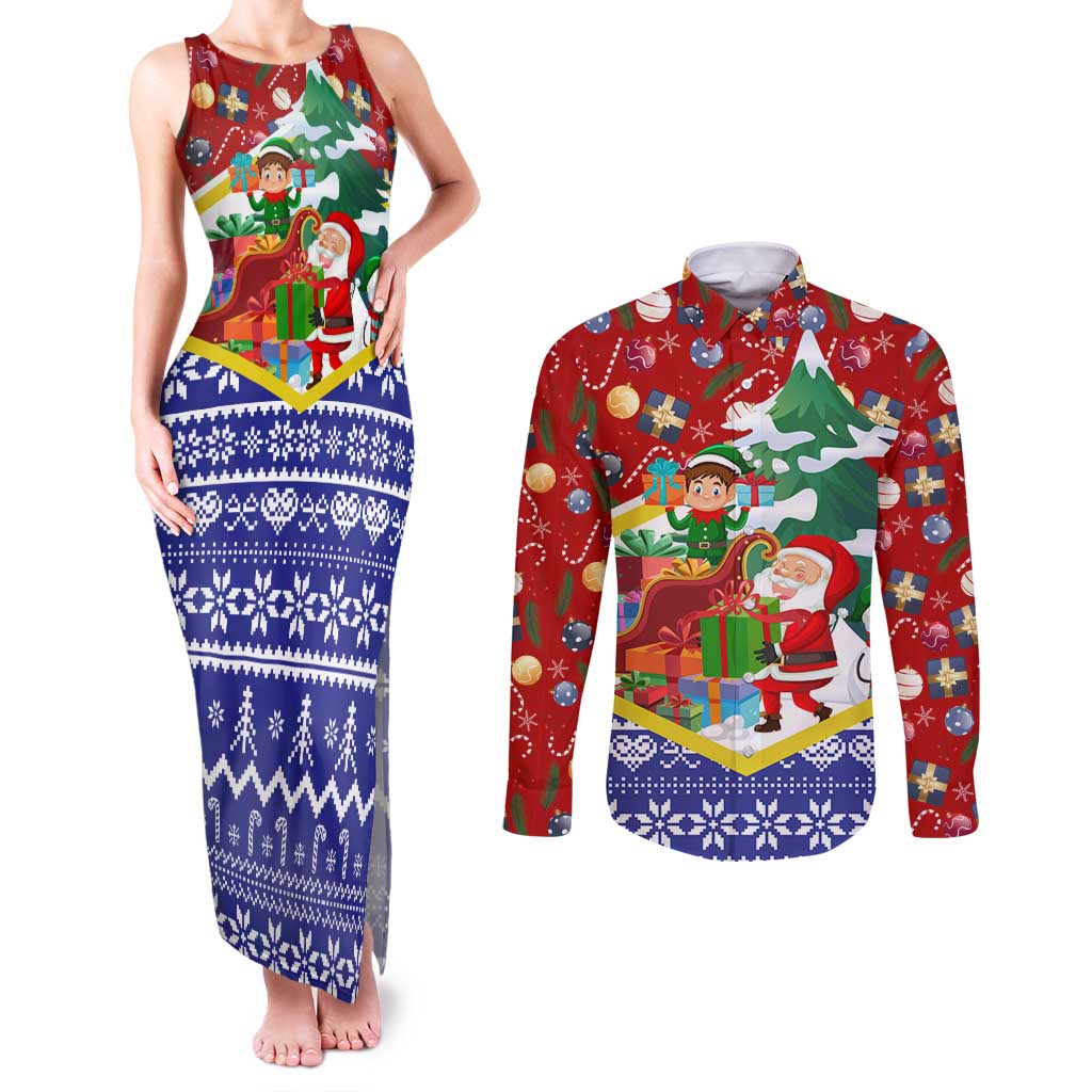 Croatia Christmas Couples Matching Tank Maxi Dress and Long Sleeve Button Shirt with Santa Sleigh Presents and Red Checkered Crest - Wonder Print Shop