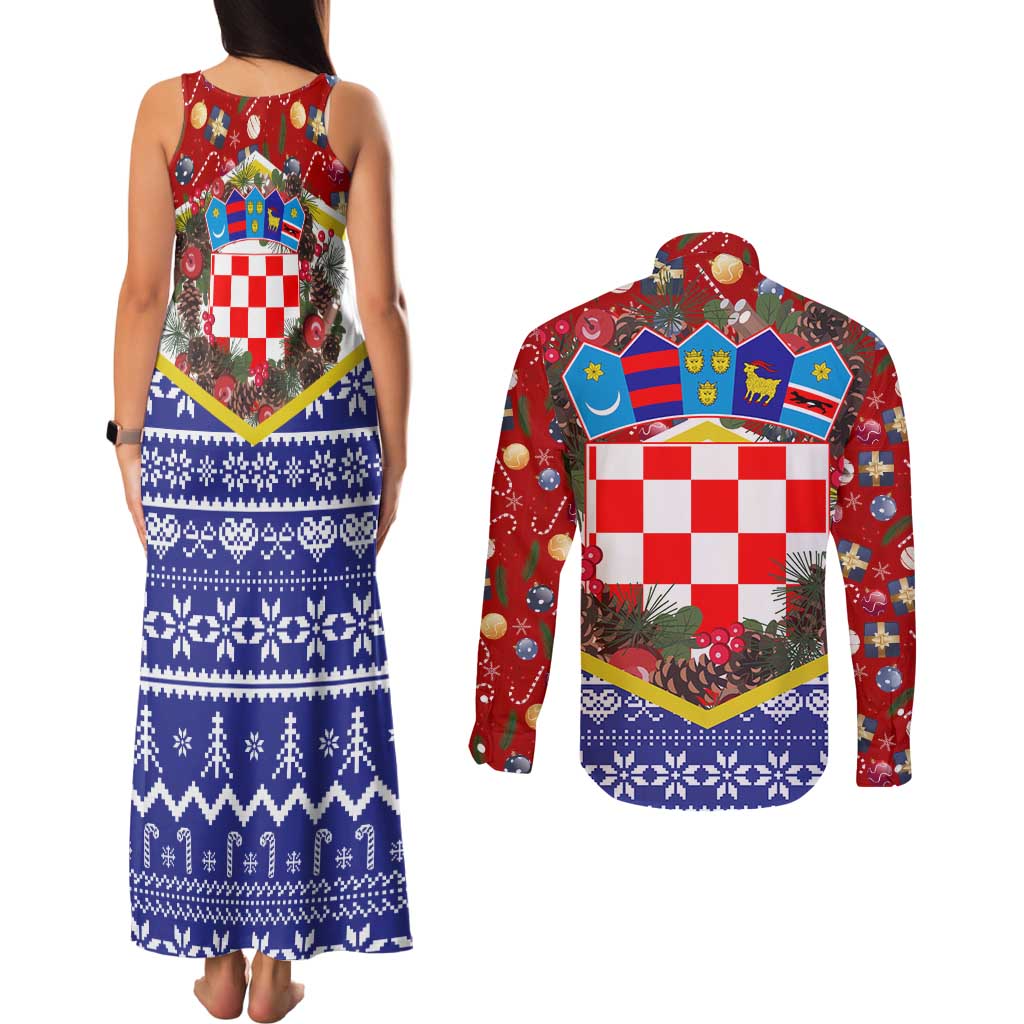 Croatia Christmas Couples Matching Tank Maxi Dress and Long Sleeve Button Shirt with Santa Sleigh Presents and Red Checkered Crest - Wonder Print Shop