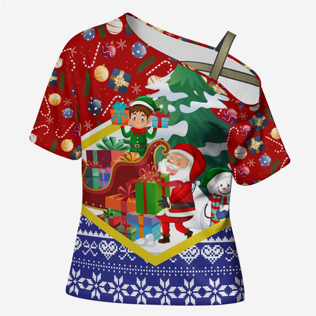 Croatia Christmas Cross Shoulder Shirt with Santa Sleigh Presents and Red Checkered Crest - Wonder Print Shop