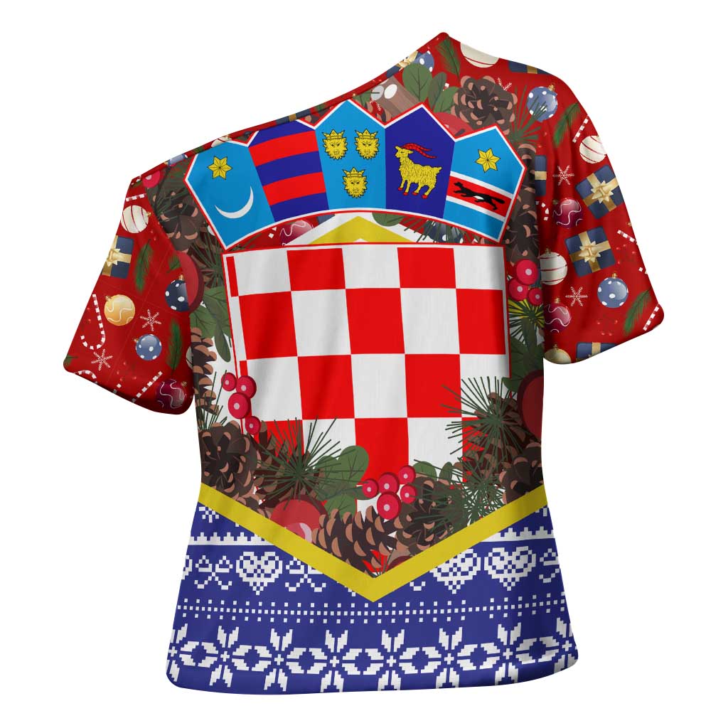 Croatia Christmas Cross Shoulder Shirt with Santa Sleigh Presents and Red Checkered Crest - Wonder Print Shop