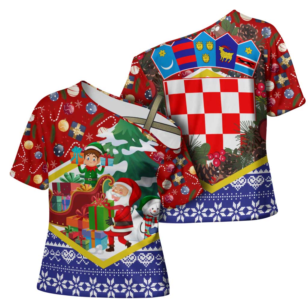 Croatia Christmas Cross Shoulder Shirt with Santa Sleigh Presents and Red Checkered Crest - Wonder Print Shop