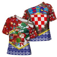 Croatia Christmas Cross Shoulder Shirt with Santa Sleigh Presents and Red Checkered Crest - Wonder Print Shop
