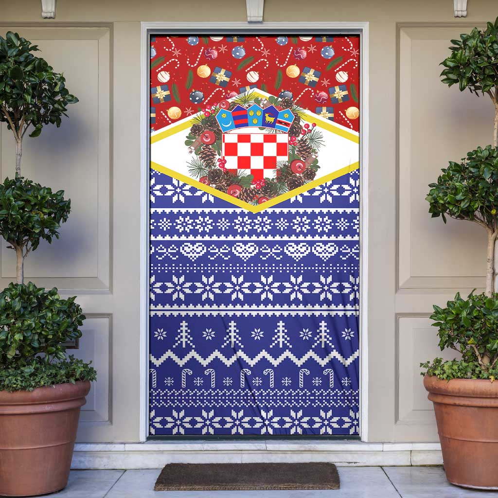 Croatia Christmas Door Cover with Santa Sleigh Presents and Red Checkered Crest - Wonder Print Shop