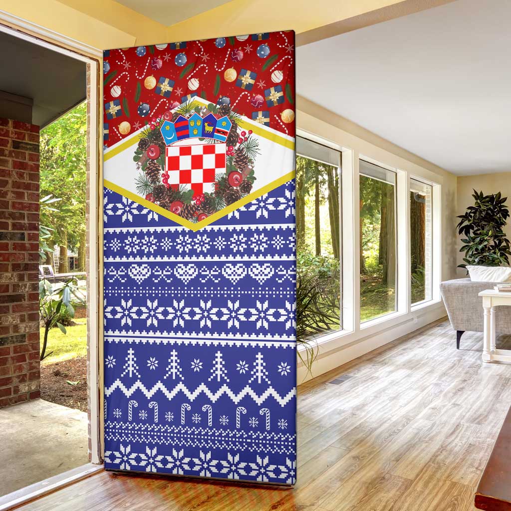 Croatia Christmas Door Cover with Santa Sleigh Presents and Red Checkered Crest - Wonder Print Shop