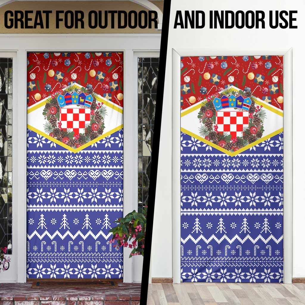 Croatia Christmas Door Cover with Santa Sleigh Presents and Red Checkered Crest - Wonder Print Shop