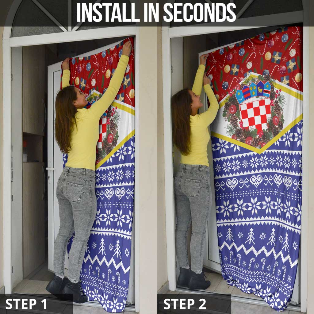 Croatia Christmas Door Cover with Santa Sleigh Presents and Red Checkered Crest - Wonder Print Shop