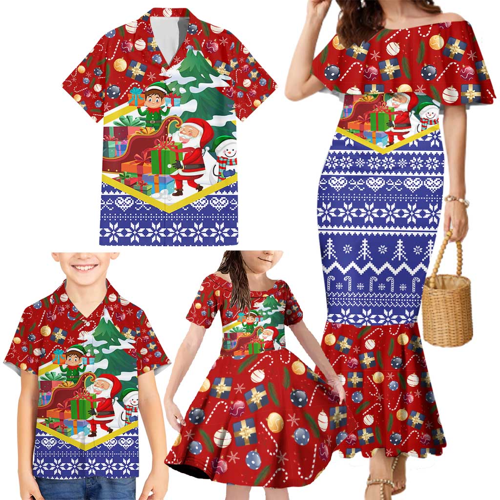 Croatia Christmas Family Matching Mermaid Dress and Hawaiian Shirt with Santa Sleigh Presents and Red Checkered Crest - Wonder Print Shop