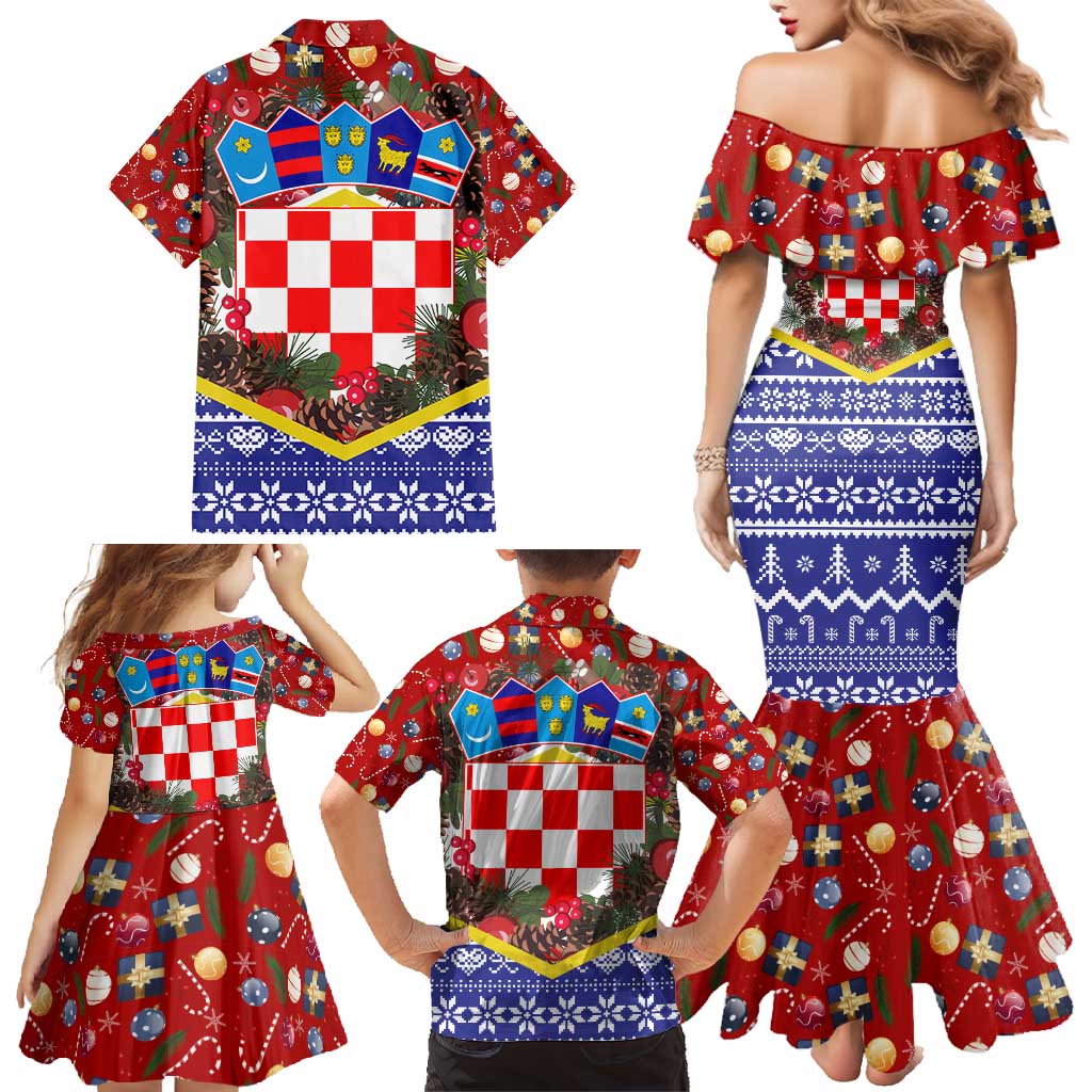 Croatia Christmas Family Matching Mermaid Dress and Hawaiian Shirt with Santa Sleigh Presents and Red Checkered Crest - Wonder Print Shop