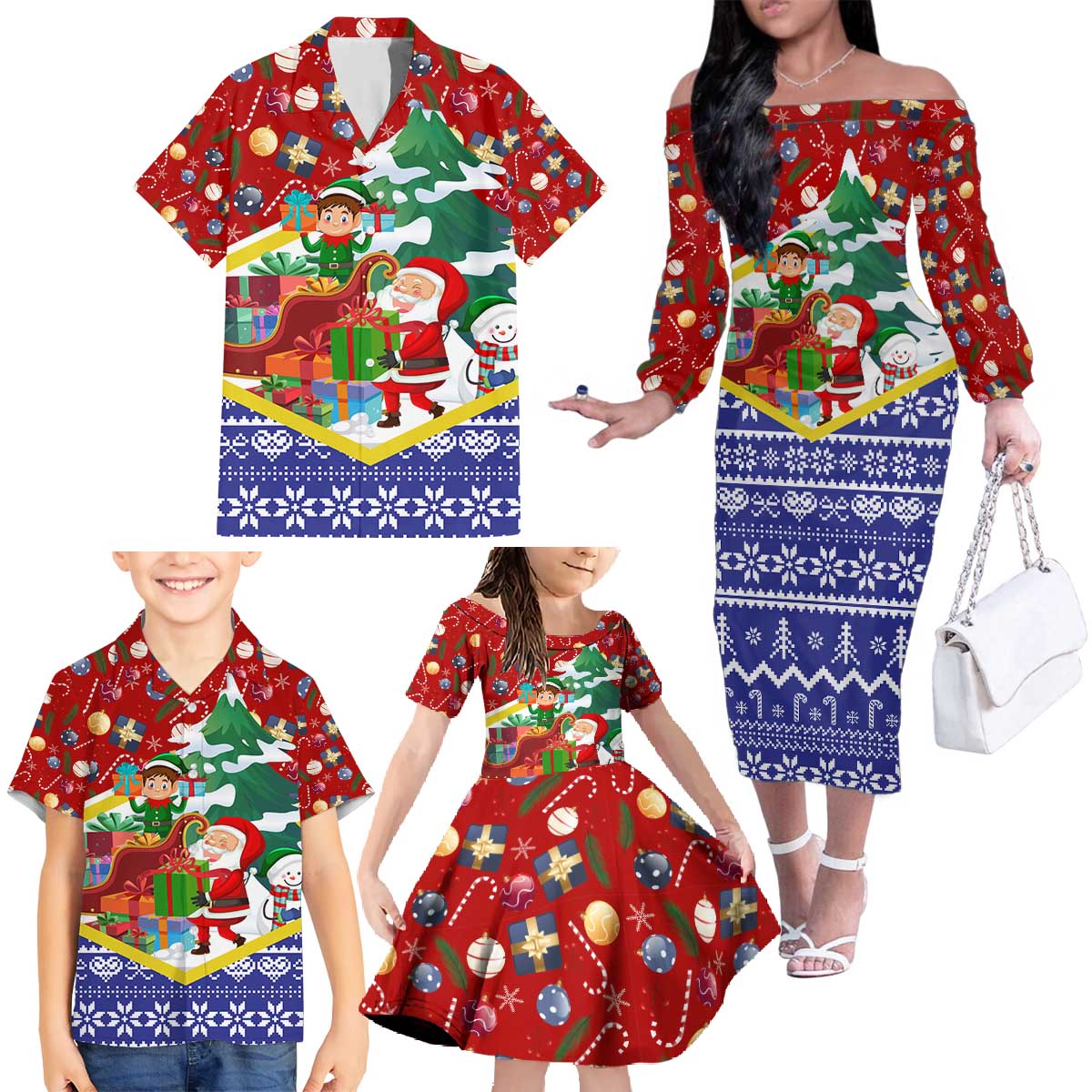 Croatia Christmas Family Matching Off The Shoulder Long Sleeve Dress and Hawaiian Shirt with Santa Sleigh Presents and Red Checkered Crest - Wonder Print Shop