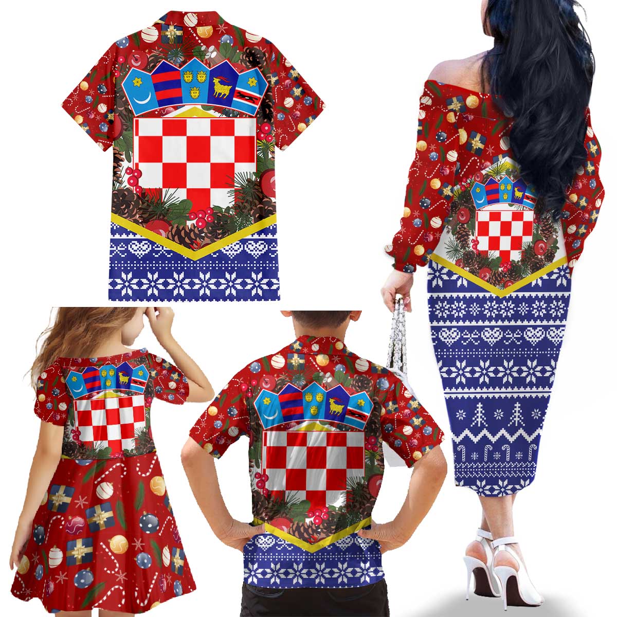 Croatia Christmas Family Matching Off The Shoulder Long Sleeve Dress and Hawaiian Shirt with Santa Sleigh Presents and Red Checkered Crest - Wonder Print Shop