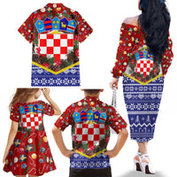 Croatia Christmas Family Matching Off The Shoulder Long Sleeve Dress and Hawaiian Shirt with Santa Sleigh Presents and Red Checkered Crest - Wonder Print Shop