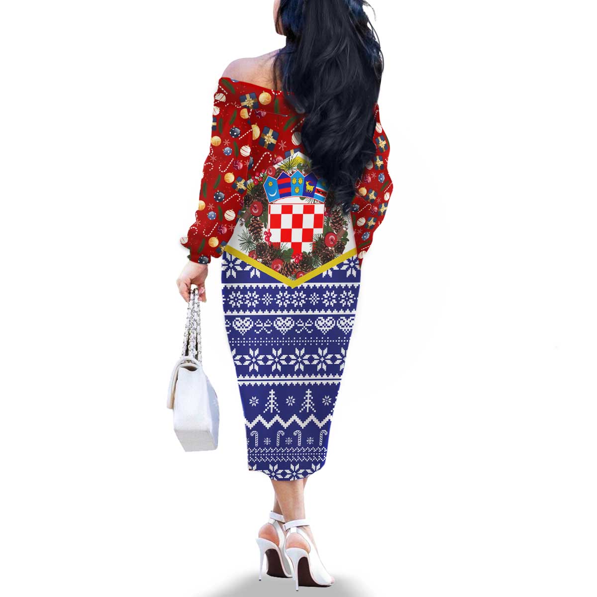 Croatia Christmas Family Matching Off The Shoulder Long Sleeve Dress and Hawaiian Shirt with Santa Sleigh Presents and Red Checkered Crest - Wonder Print Shop