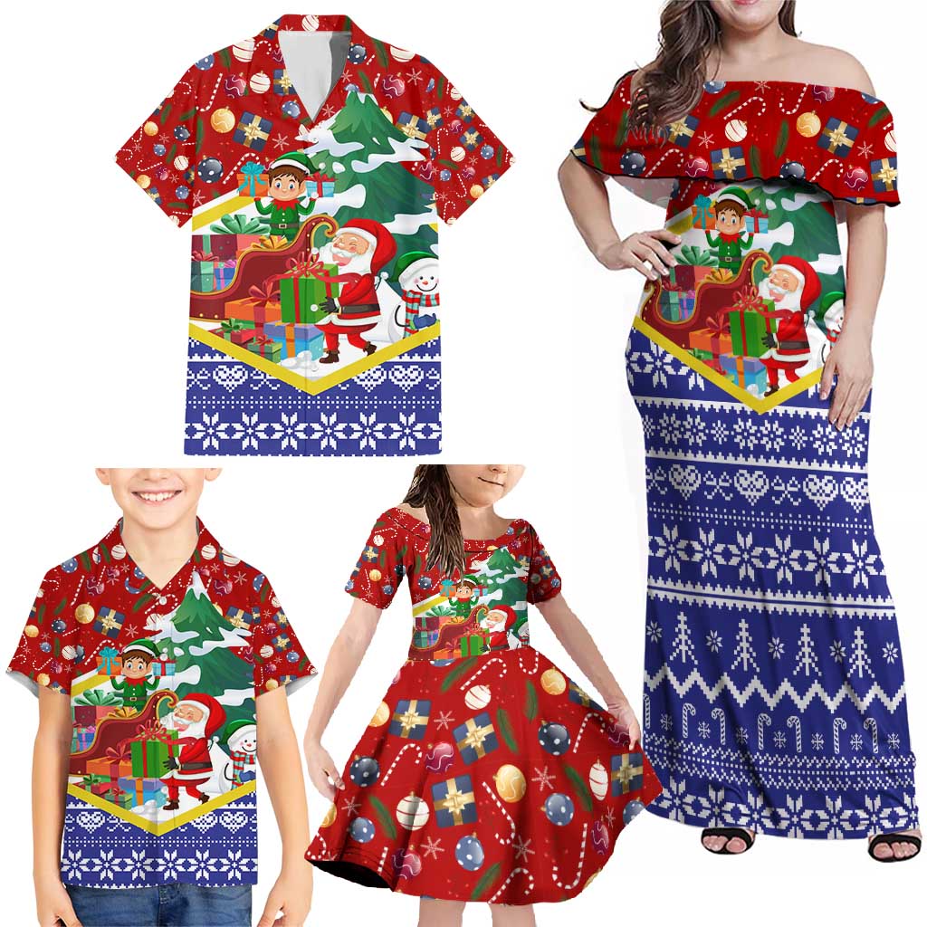 Croatia Christmas Family Matching Off Shoulder Maxi Dress and Hawaiian Shirt with Santa Sleigh Presents and Red Checkered Crest - Wonder Print Shop