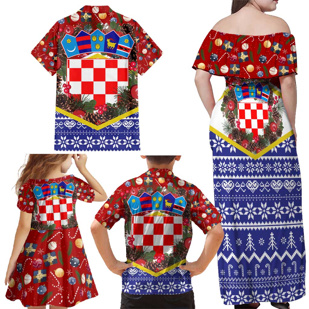 Croatia Christmas Family Matching Off Shoulder Maxi Dress and Hawaiian Shirt with Santa Sleigh Presents and Red Checkered Crest - Wonder Print Shop