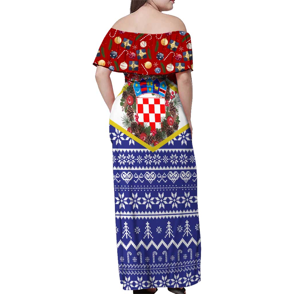Croatia Christmas Family Matching Off Shoulder Maxi Dress and Hawaiian Shirt with Santa Sleigh Presents and Red Checkered Crest - Wonder Print Shop