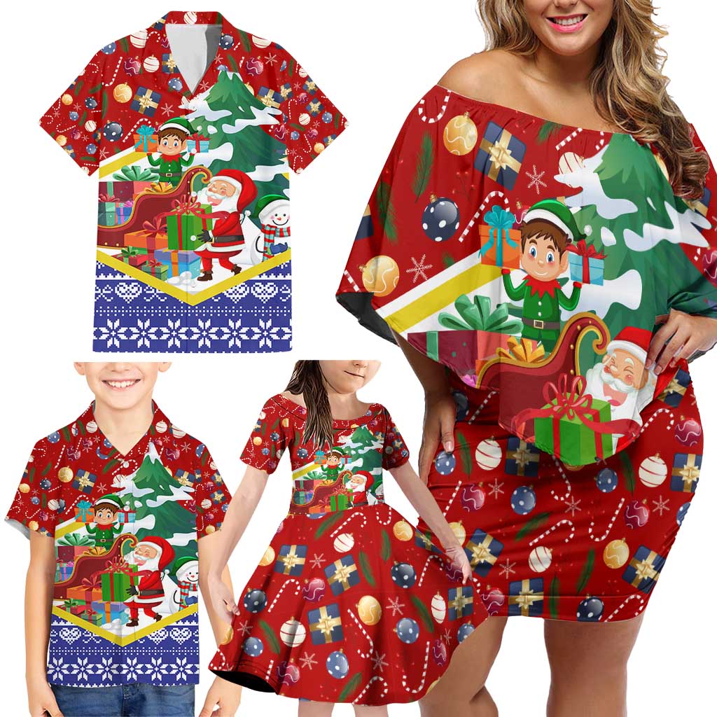 Croatia Christmas Family Matching Off Shoulder Short Dress and Hawaiian Shirt with Santa Sleigh Presents and Red Checkered Crest - Wonder Print Shop