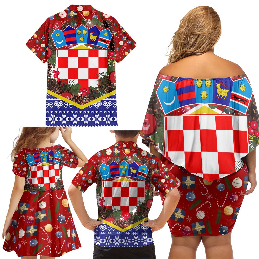 Croatia Christmas Family Matching Off Shoulder Short Dress and Hawaiian Shirt with Santa Sleigh Presents and Red Checkered Crest - Wonder Print Shop