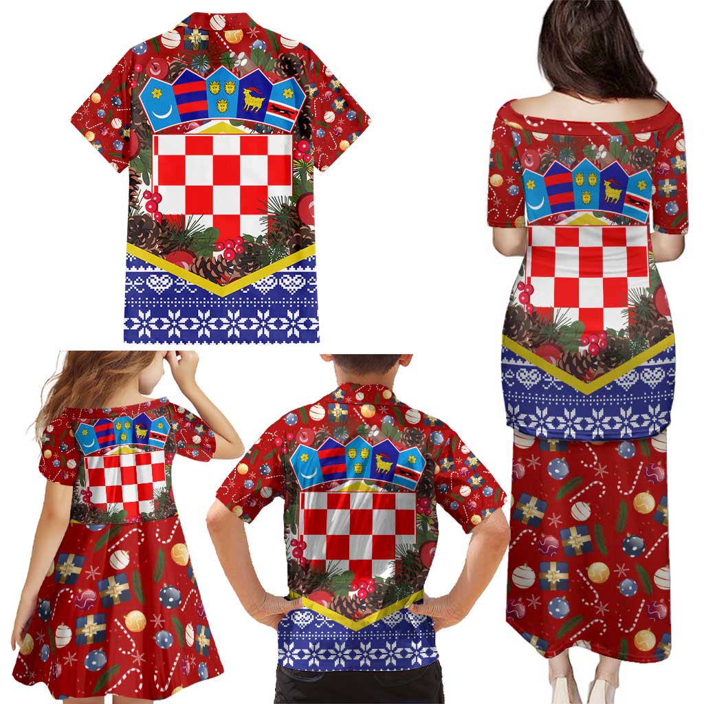 Croatia Christmas Family Matching Puletasi and Hawaiian Shirt with Santa Sleigh Presents and Red Checkered Crest - Wonder Print Shop