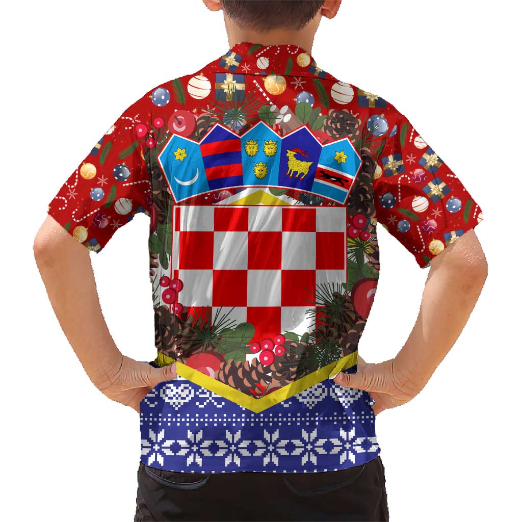 Croatia Christmas Family Matching Short Sleeve Bodycon Dress and Hawaiian Shirt with Santa Sleigh Presents and Red Checkered Crest - Wonder Print Shop