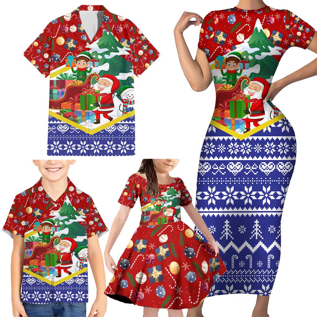 Croatia Christmas Family Matching Short Sleeve Bodycon Dress and Hawaiian Shirt with Santa Sleigh Presents and Red Checkered Crest - Wonder Print Shop