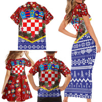 Croatia Christmas Family Matching Short Sleeve Bodycon Dress and Hawaiian Shirt with Santa Sleigh Presents and Red Checkered Crest - Wonder Print Shop