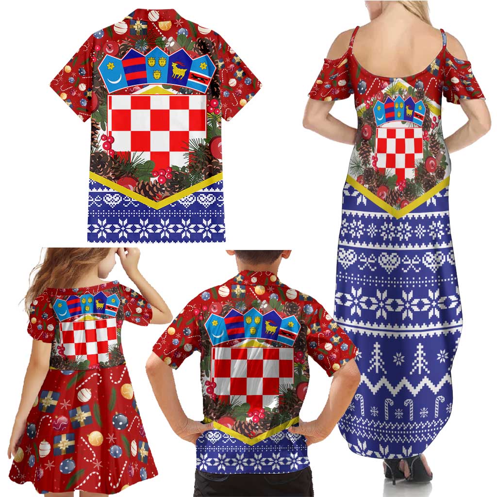 Croatia Christmas Family Matching Summer Maxi Dress and Hawaiian Shirt with Santa Sleigh Presents and Red Checkered Crest - Wonder Print Shop