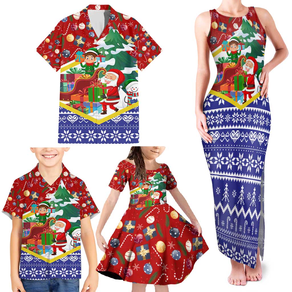 Croatia Christmas Family Matching Tank Maxi Dress and Hawaiian Shirt with Santa Sleigh Presents and Red Checkered Crest - Wonder Print Shop