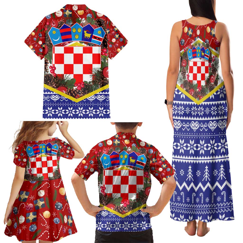 Croatia Christmas Family Matching Tank Maxi Dress and Hawaiian Shirt with Santa Sleigh Presents and Red Checkered Crest - Wonder Print Shop