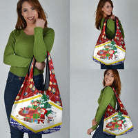 Croatia Christmas Grocery Bag with Santa Sleigh Presents and Red Checkered Crest - Wonder Print Shop