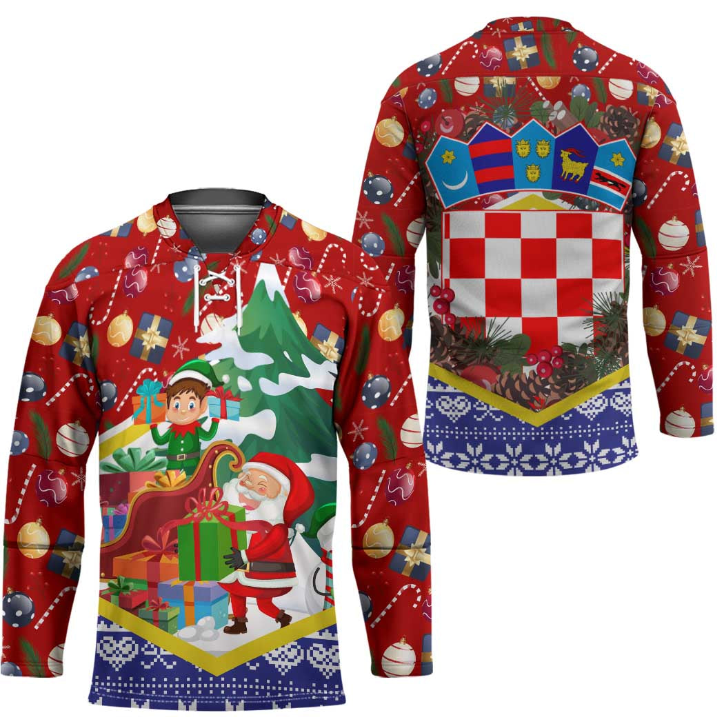 Croatia Christmas Hockey Jersey with Santa Sleigh Presents and Red Checkered Crest - Wonder Print Shop