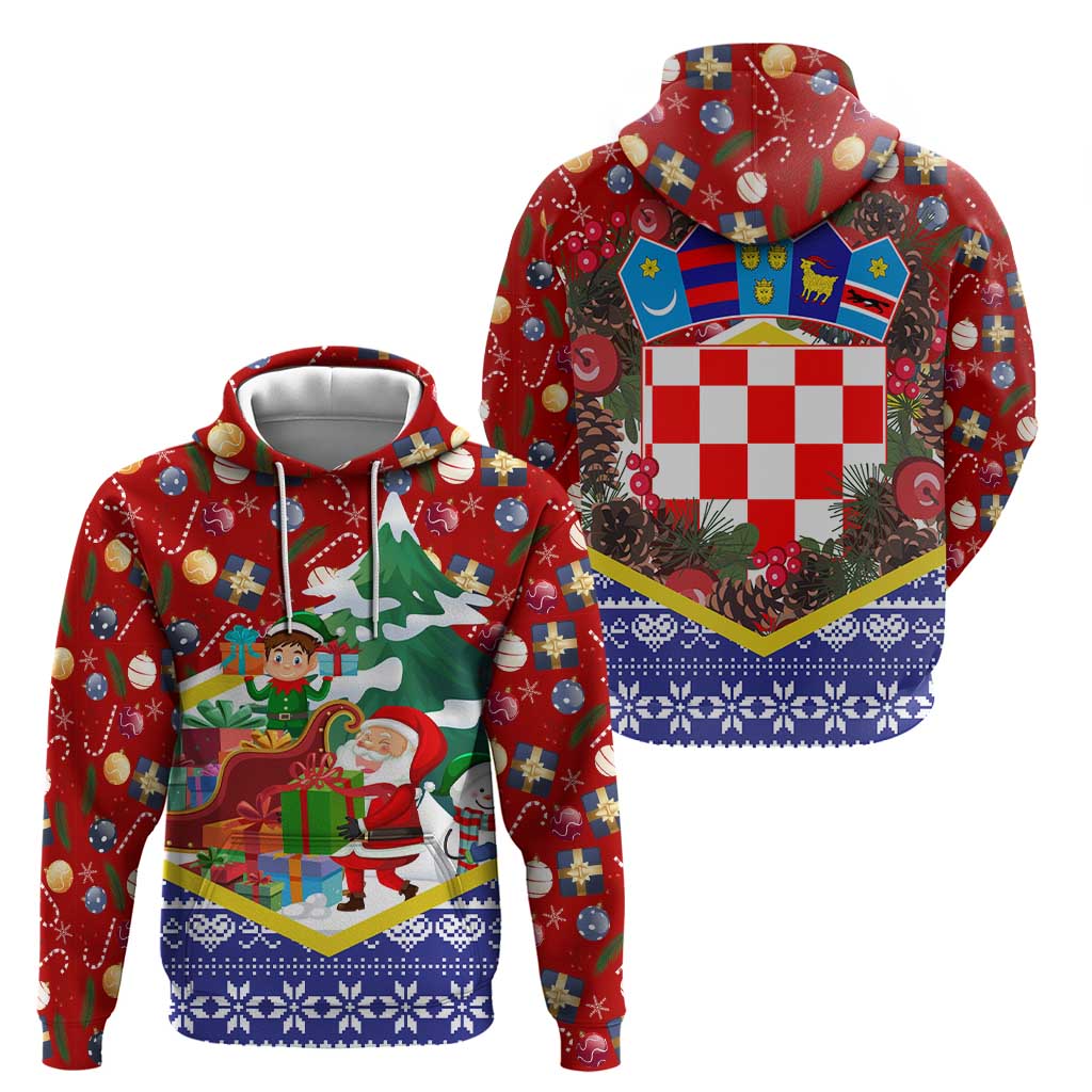 Croatia Christmas Hoodie with Santa Sleigh Presents and Red Checkered Crest - Wonder Print Shop