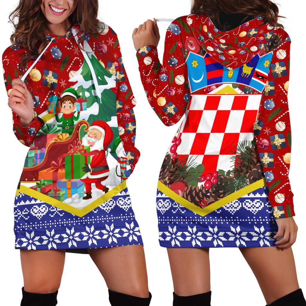 Croatia Christmas Hoodie Dress with Santa Sleigh Presents and Red Checkered Crest - Wonder Print Shop