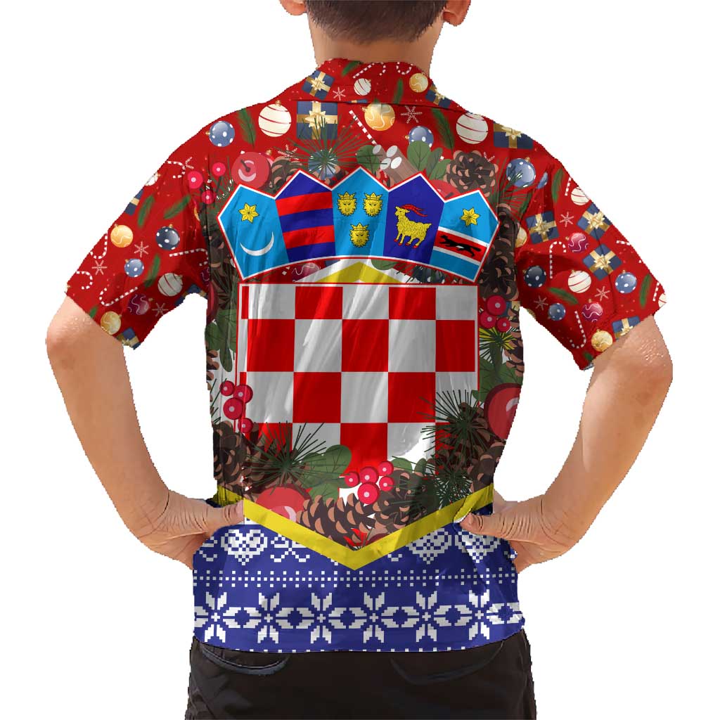 Croatia Christmas Kid Hawaiian Shirt with Santa Sleigh Presents and Red Checkered Crest - Wonder Print Shop