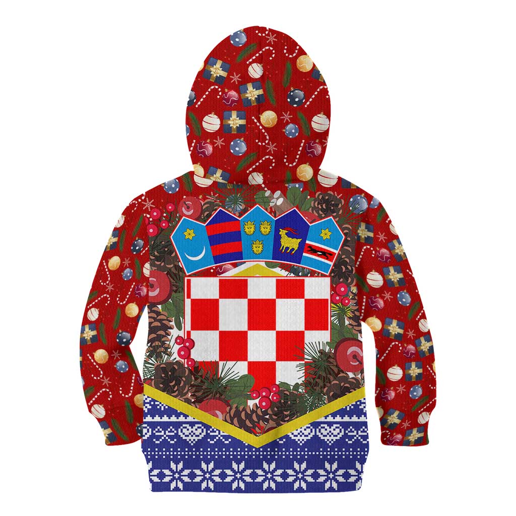 Croatia Christmas Kid Hoodie with Santa Sleigh Presents and Red Checkered Crest - Wonder Print Shop