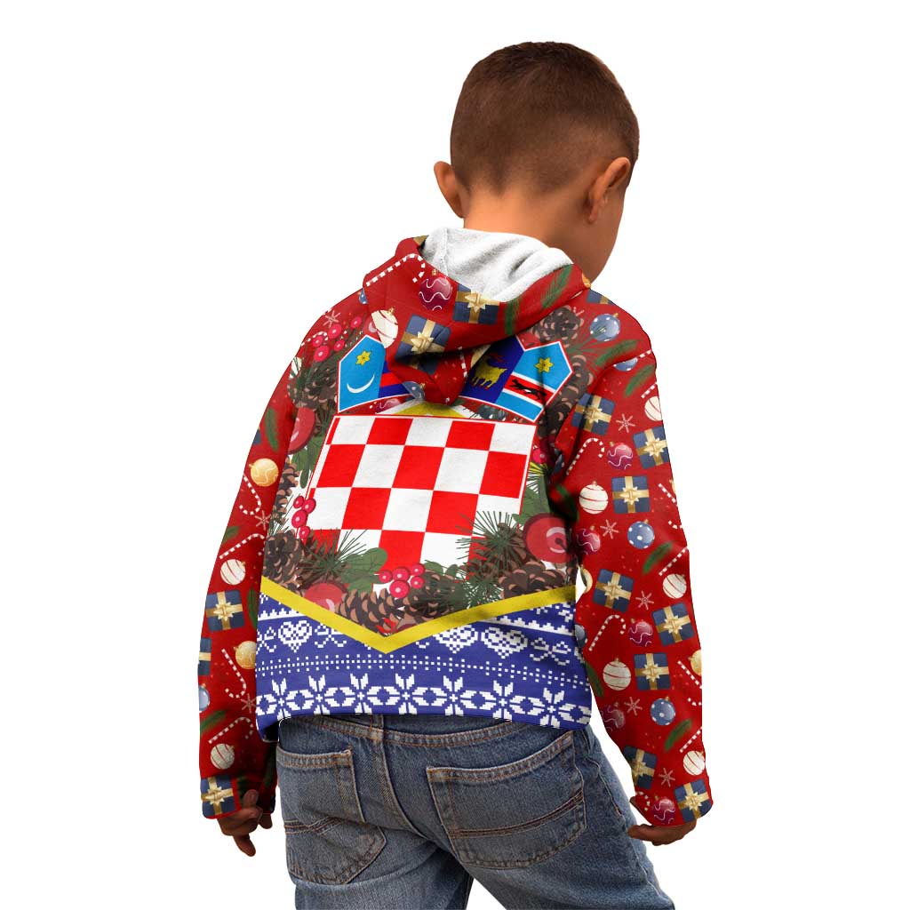Croatia Christmas Kid Hoodie with Santa Sleigh Presents and Red Checkered Crest - Wonder Print Shop