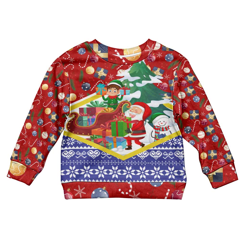 Croatia Christmas Kid Ugly Christmas Sweater with Santa Sleigh Presents and Red Checkered Crest - Wonder Print Shop