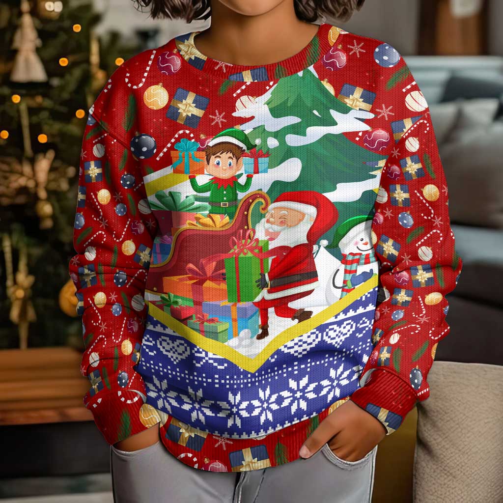 Croatia Christmas Kid Ugly Christmas Sweater with Santa Sleigh Presents and Red Checkered Crest - Wonder Print Shop