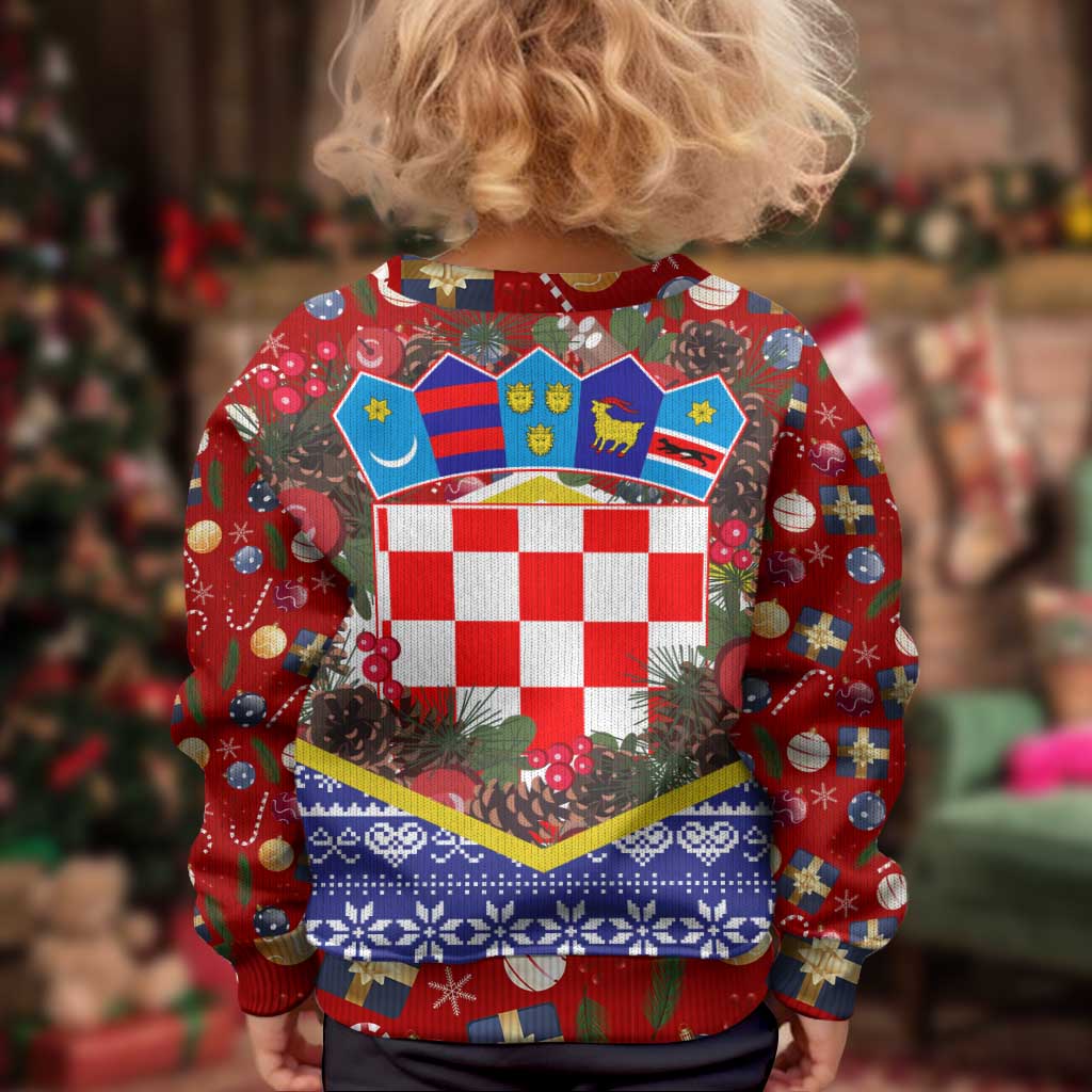 Croatia Christmas Kid Ugly Christmas Sweater with Santa Sleigh Presents and Red Checkered Crest - Wonder Print Shop