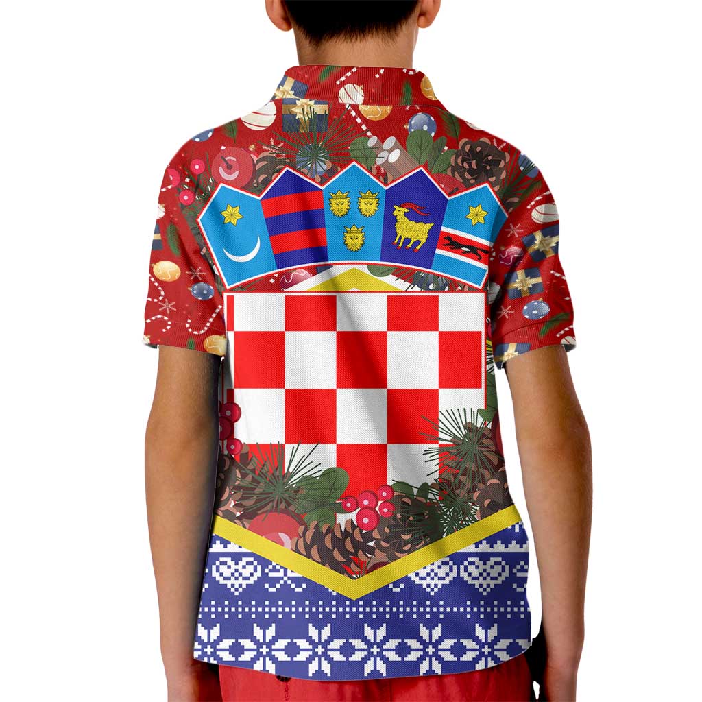 Croatia Christmas Kid Polo Shirt with Santa Sleigh Presents and Red Checkered Crest - Wonder Print Shop