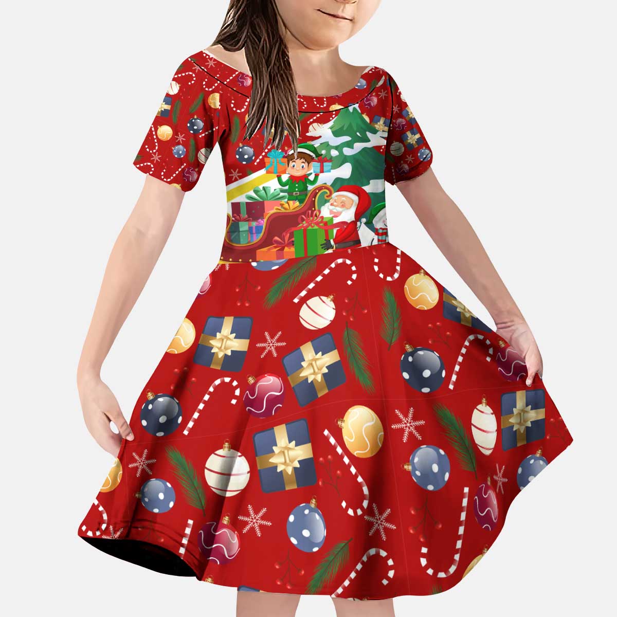Croatia Christmas Kid Short Sleeve Dress with Santa Sleigh Presents and Red Checkered Crest - Wonder Print Shop