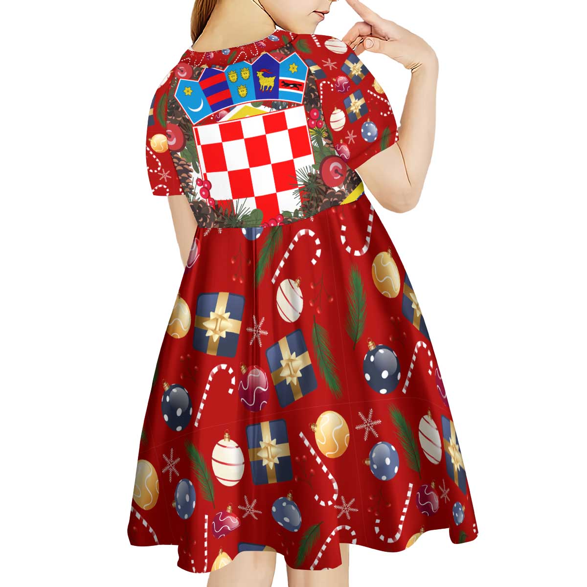Croatia Christmas Kid Short Sleeve Dress with Santa Sleigh Presents and Red Checkered Crest - Wonder Print Shop