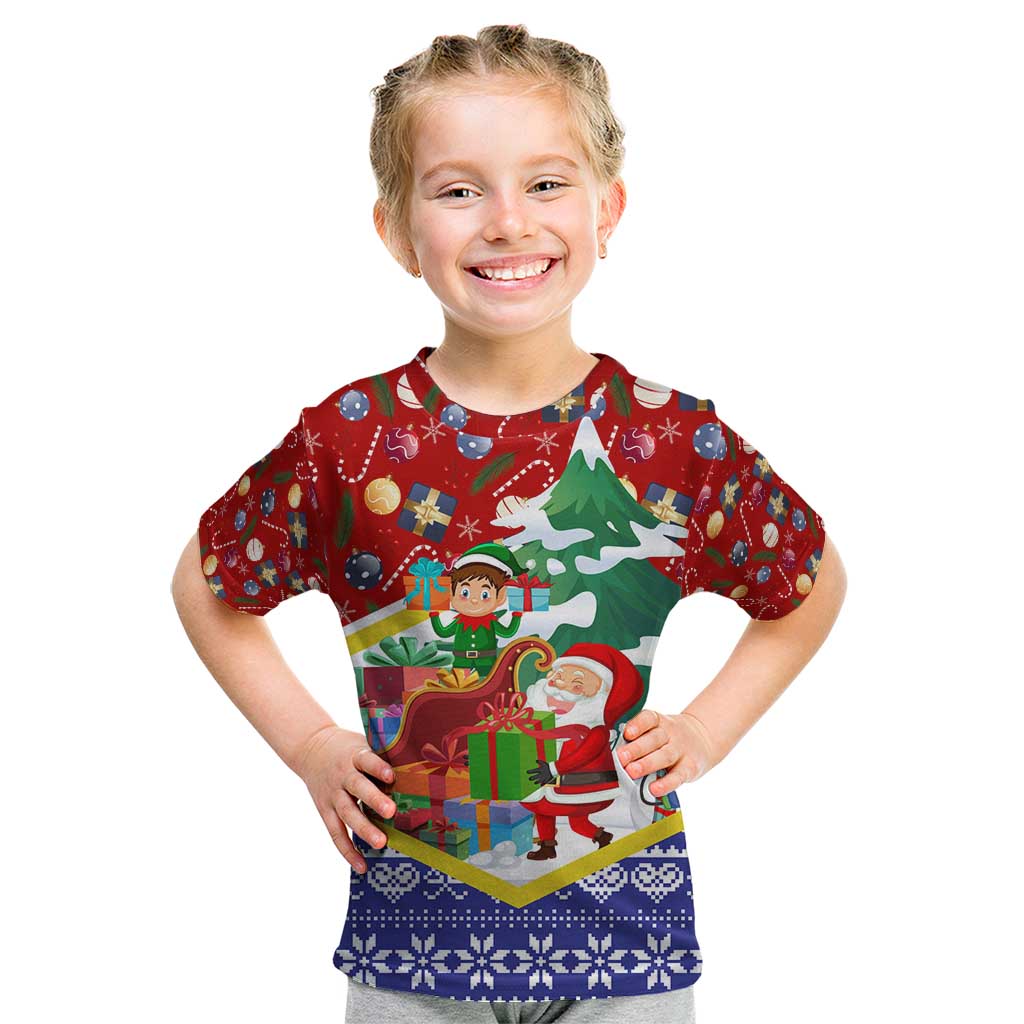 Croatia Christmas Kid T Shirt with Santa Sleigh Presents and Red Checkered Crest - Wonder Print Shop