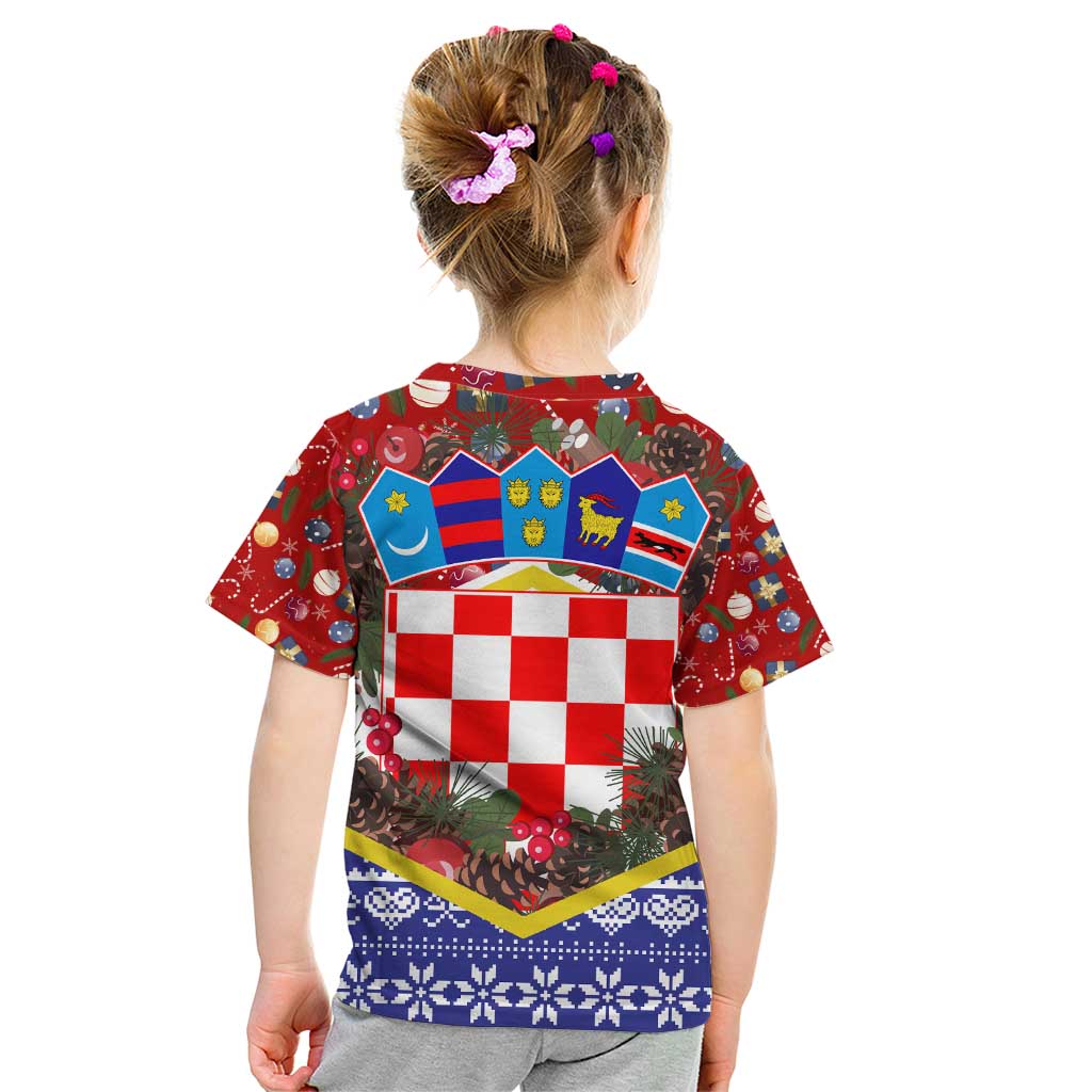 Croatia Christmas Kid T Shirt with Santa Sleigh Presents and Red Checkered Crest - Wonder Print Shop