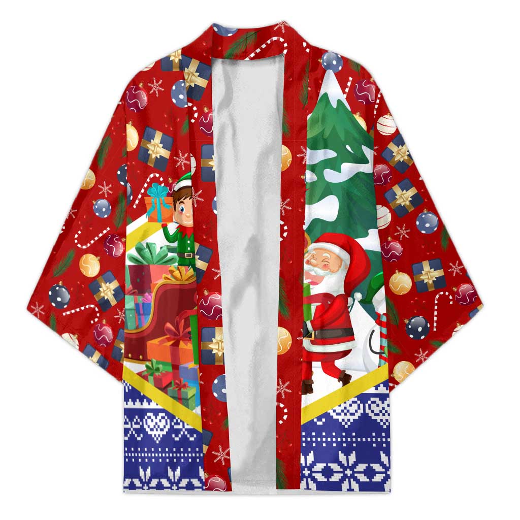 Croatia Christmas Kimono with Santa Sleigh Presents and Red Checkered Crest - Wonder Print Shop